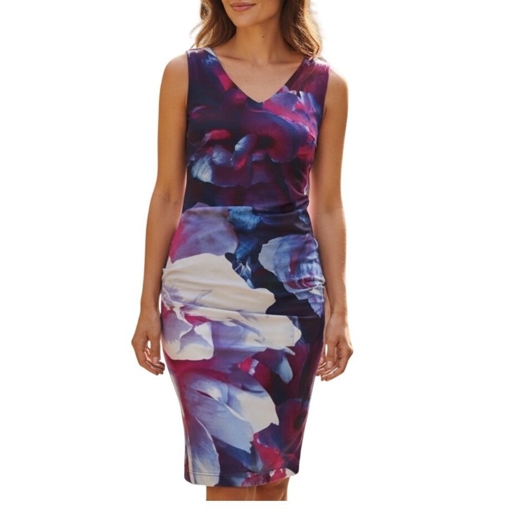 Nicole Miller Floral Print V Neck Ruched Bodycon Dress Women's Purple Pink Blue‎